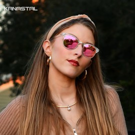 KANASTAL Semi Rimless Sunglasses for Men Women Polarized Half Frame Sun Glasses Classic Design Horn Rimmed Shades Clear Frame Mirror Pink