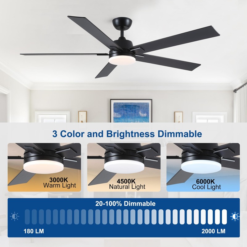 60 Inch Ceiling Fans with Lights and Remote, 6 Speed