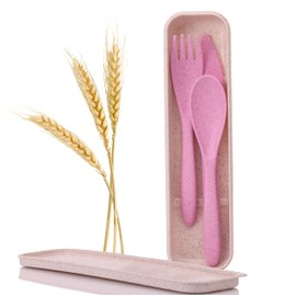 Wheat Straw Travel Utensils Set with Case - Kids Cutlery Set - BPA Free Portable Silverware for Lunch Box - Fork Spoon Knife Set with Case - Eco Friendly - Reusable Utensils