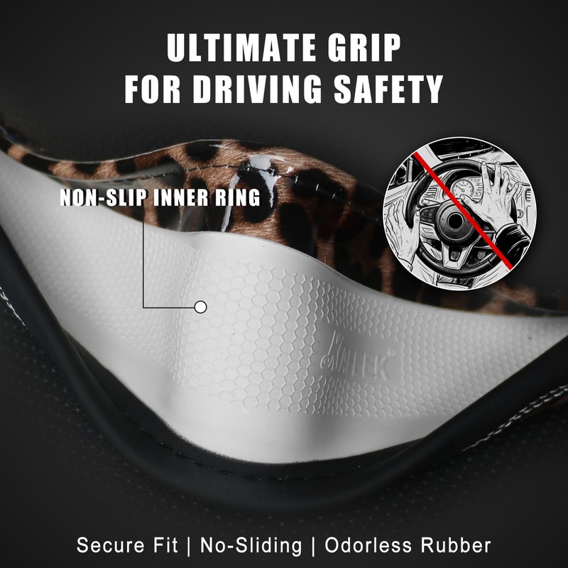 Leopard Steering Wheel Cover for Women, 15 Inch Leather, Brown