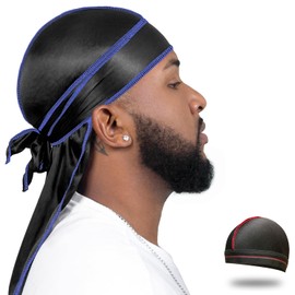 ForceWave Silky Durag for Men Wave Cap Satin Dorag for Men Women 360 Wave (Black with Blue Seam)