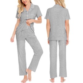 SWOMOG Women Pajama Sets Two-Piece Nightwear Short Sleeve Sleepwear Button Down Pj Lounge Sets with Long Pants Gray