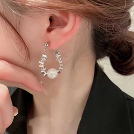 Aneneiceera Vintage Chunky Circle Pearl Earrings Pearl Hoop Earrings Circular Pearl Earrings Round Pearl Dangle Earrings Jewellery For Women, Zinc