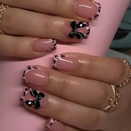GlamRays 24 PCS Bow Press on Nails, Short Square French Tip Fake Nails with Black Leopard Print Design, Glossy False Nails, Nude, Full Cover, Artificial Nails