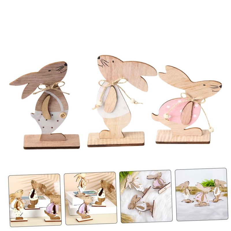 Ipetboom 3pcs Wooden Easter Bunny Decorations Cartoon Style Rustic Rabbit