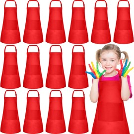 PLULON PLULON 8 Pcs Aprons for Kids Adjustable Kids Red Apron Bulk with Pocket Painting Aprons For Boys Girls Painting Cooking Baking (Red)