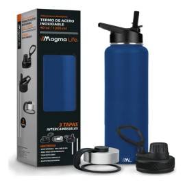 Magma Life Termo para Café y Agua de Acero Inoxidable 40 Oz (1200 ml): Contiene 3 Tapas para Diferentes tipos de Bebidas, Ideal para Mantener la Temperatura Deseada (Azul Marino)