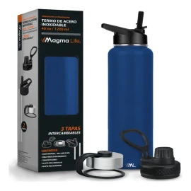 Magma Life Termo para Café y Agua de Acero Inoxidable 40 Oz (1200 ml): Contiene 3 Tapas para Diferentes tipos de Bebidas, Ideal para Mantener la Temperatura Deseada (Azul Marino)
