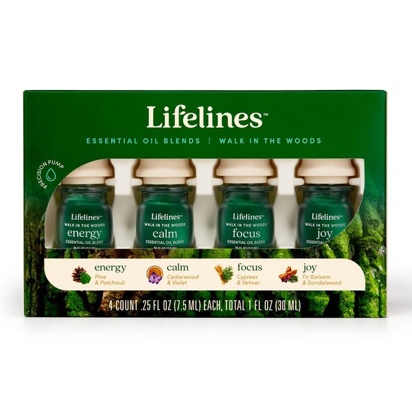 Lifelines "Walk in The Woods" Essential Oil Blend 4-Pack, Pine & Patchouli Oils for Diffuser, 100% Pure Essential Oils and Sustainably Sourced Botanicals, All Natural, 7.5 ML Bottles