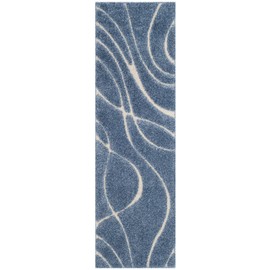 Safavieh Florida Shag Collection SG471 Abstract Wave 1.2-inch Thick Runner, 2'3" x 7' , Light Blue / Cream