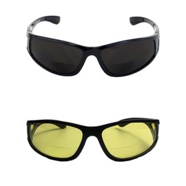 Pink Ribbon Shades 2 Pair Sports Wrap Around Nearly Invisible Line Bifocal Reading Glasses Sunglasses (Black/Yellow, 1.5, x)
