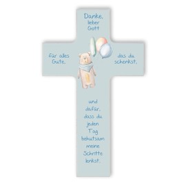 Fritz Cox - Children's Cross Teddy Bear | Christian Gift for Children | Thank You Dear God (Blue, 15 cm)