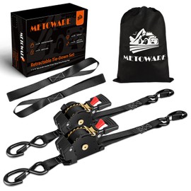 METOWARE Retractable Ratchet Straps (2-Pack) - 1 in x 10 Ft (1500lb Break Strength) - Heavy Duty Auto Self Retracting Tie Down Straps for Truck, Trailer, Cargo Van, Motorcycle - Black