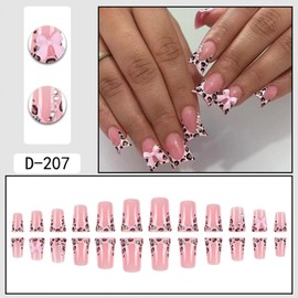 Duck Press on Nails Medium French Tips Fake Nails Leopard Print on Nail with Pink Bow Charm Designs Duck Feet Flared Full Cover False Nails Glossy Glue on Nail for Women Girls Art Manicure 24Pcs