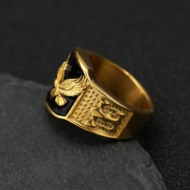 Aztec Vintage Carved Stainless Steel 14K Gold Plated Eagel Signet Chunky Ring for Men,American Bird Ring Graduation Class Ring,Statement Biker Fashion Motorcycle Jewelry, Large, Stainless Steel, Cubic