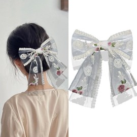 White Lace Hair Bow Clips for Women Girls Bowknot Hair Clip for Girls Daughter Lace Embroidery Flower Craft Hair Pins With Long Tail for Women Girls Cute Bag Accessories Charms for Women Girls