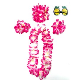 duoyif Hawaiian Flower Necklace,5Pcs Necklaces Hawaiian Hairband Bracelet with Glasses Pineapple,Hawaii Wreath Flowers Necklace for Hawaiian Beach Party Pool Cheerleading Girl, 105cm 42cm 15cm
