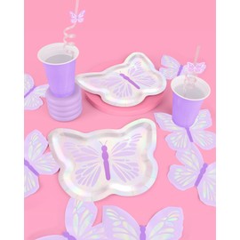 xo, Fetti Butterfly Foil Paper Plates - 25 pk, 9" | Purple Bachelorette Decorations, Pastel Birthday Supplies, Girl Baby Shower Decor, HBD, Garden Party Tableware