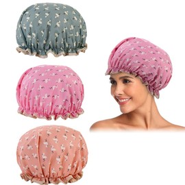 3 Pcs Shower Cap,32CM Elastic Bath Cap,Waterproof Hair Caps,Double Layers bath Cap,With Ruffled Edge,Big Head Shower Cap for Spa,Home Use for Girls and Women