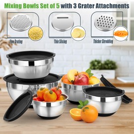 P&P CHEF Black Mixing Bowl Set of 5, Stainless Steel Mixing Nesting Bowls with Lids for Serving Preparing, 3 Grater Attachments & Non-Slip Bottoms, Size 1/1.5/2 / 2.6/4.6 QT