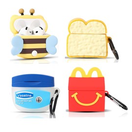 (4 Pack) Cute Case for AirPods 4 Earbuds (2024), XMBYGY Silicone Cartoon Charging Case Shockproof Protective Headphones Cover with Carabiner for Man Woman Teen (M+FSL+Bee+Toast)
