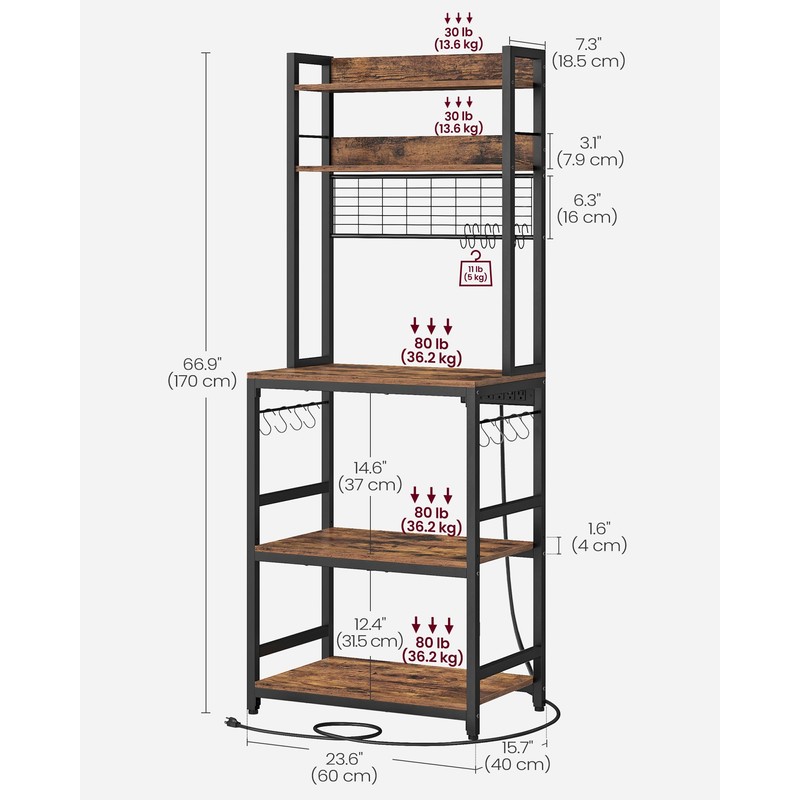 VASAGLE Hutch Bakers Rack with Power Outlet, 14 Hooks Microwave