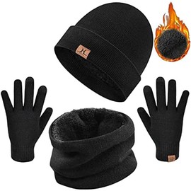 Set de Bufanda, Gorro y Guantes Tactiles Invierno Unisex para Hombre y Mujer 3 EN 1 (Negro)