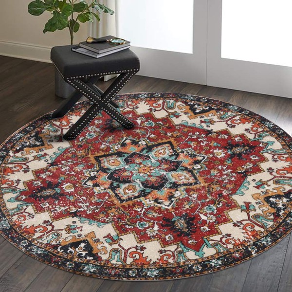 Lahome Collection Traditional Oriental Round Area Rug - 3' Diameter Non-Slip Distressed Vintage Area Rug Accent Throw Rugs Floor Carpet for Door Mat Entryway Living Room Bedrooms (3' Diameter, Red)