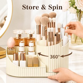360° Rotating Makeup Organizer with Brush Holder – Large Vanity Cosmetic Storage for Skincare, Perfume & Beauty Essentials