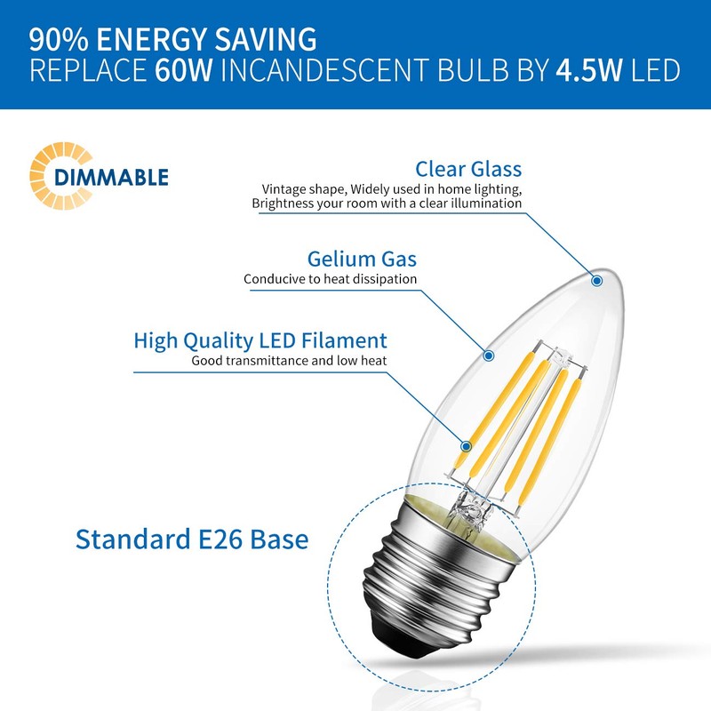 ANWIO B11 LED Filament Bulb E26 Candelabra Base 4.5W(60W Equivalent),