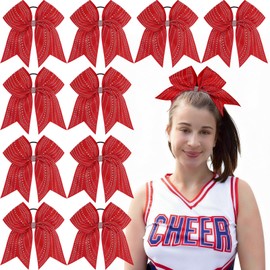 7.5" Red Rhinestones Large Glitter Cheer Hair Bows for Cheerleading
