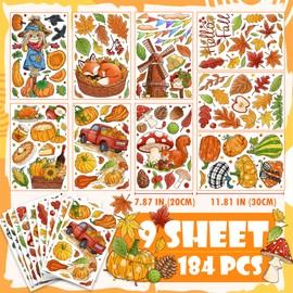 KAHSHEEN Fall Window Clings Decorations - Leaves Pumpkin Scarecrow Autumn Clings for Glass Windows, Double Sided Reusable Window Stickers, Cute Large Thanksgiving Harvest Window Decals-184 PCS/9 Sheet