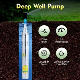 Solar Water Pump Deep Well, DC 24V 370W Stainless Steel Agricultural Irrigation Screw Pump 213ft High Lift 2850RPM Submersible Deep Well Pumps for Agricultural Irrigation Garden Home