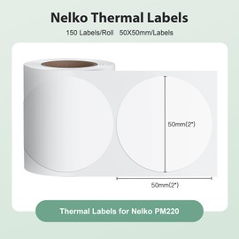 Thermal Labels for Nelko PM220 Label Maker, 2 inch (50mm) Round Thermal Label, Waterproof, Multi-Purpose Label Tape, 1 Roll of 150 Self-Adhesive Thermal Paper (White)