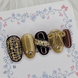 Gold Tweed Handmade Nail Tips - Oval L / 골드 트위드 수제네일팁 - 오벌L