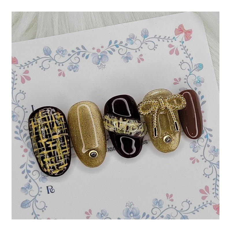 Gold Tweed Handmade Nail Tips - Oval L / 골드