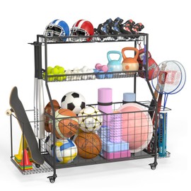 DreamOak Sport Equipment Organizer, Garage Ball Storage Racks - Outdoor Toy Storage with 2 Side Racks & Removable Baskets, Heavy-Duty Garage Rolling Ball Cart with Wheels, Hooks for Sports Gear, Toys