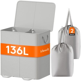 Lifewit Double Laundry Hamper with Lid and Removable Laundry Bags, Large Collapsible 2 Dividers Dirty Clothes Basket with Handles for Bedroom, Laundry Room, Closet, Bathroom, College, Silver Gray