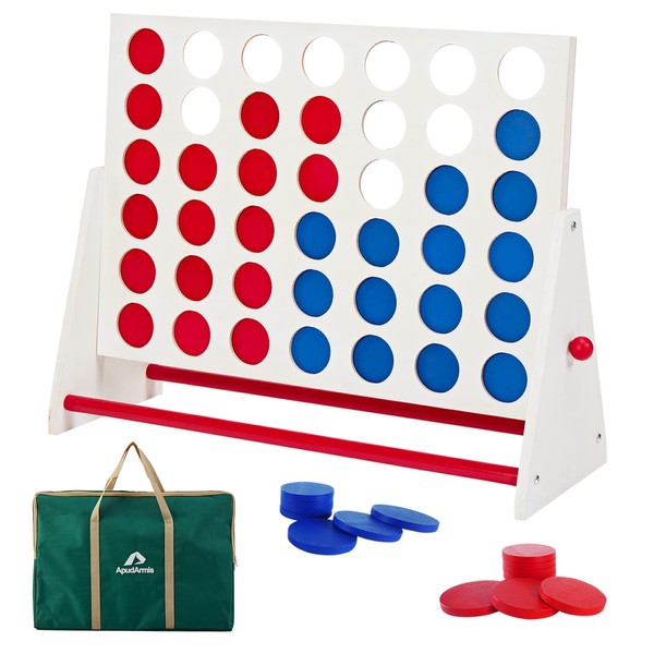 ApudArmis Portable Wooden 4 in a Row Game, Classic Wooden 4-to-Score Game Set with Coins & Carrying Bag-Indoor Outdoor Connect Game for Kids Adults Family