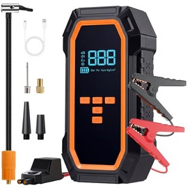 5000A Arrancador de Coche con Compresor de Aire 160 PSI, Inflador de Neumáticos, Banco de Energía para Vehículos de 12V Gasolina 9L Diésel 8L, Incluye Pantalla LCD, Luz LED y Cables de Puente, negro