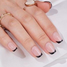 French Tip Press On Nails Short - Findigit Square Stick On Nails with Nail Glue, Reusable Soft Gel Glue On Nails Kit Fit Natural False Nails for Women 16 Sizes - 32 Nail Kits, Square Black French