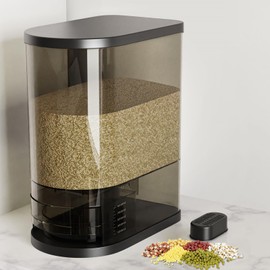 SYNCVIBE 25Lbs Large Rice Dispenser, Cereal Grain Snack Storage Container Bucket with Measuring Cylinder Lid, Kitchen Household Moisture Proof Holder for Soybean (Black, 25LBs)