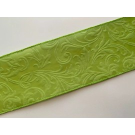 Decorative Ribbon Fern Green Embossed Leaves Filigree Ribbon, 4" Wide, Wired Edge, 3 YARDS
