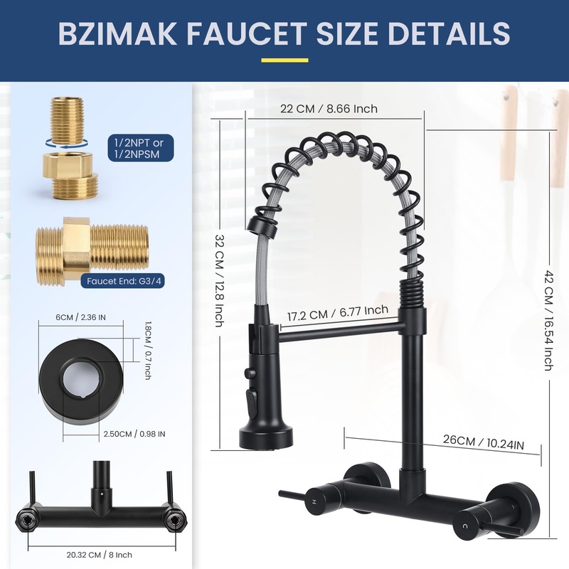 BZIMAK Wall Mount Kitchen Sink Faucet, 8 Inch Center Wall