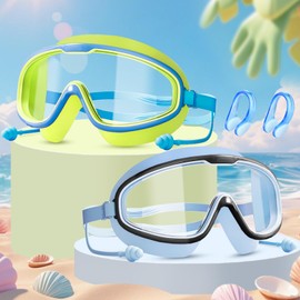 WuGU Taucherbrille Kinder 3-15, 2 Stück Schwimmbrille für Kinder, Anti-Beschlag, Kein Auslaufen, UV-Schutz, Verstellbare Silikon-Schwimmbrille mit Box & Ohrstöpsel für Kinder, Mädchen, Jungen