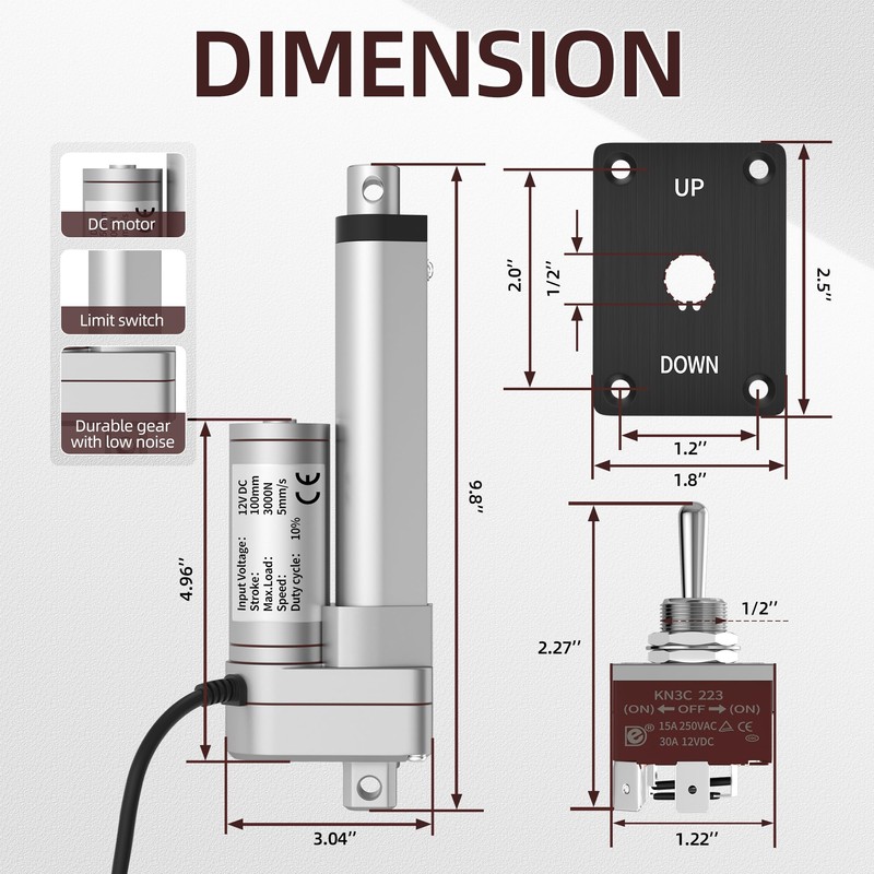 Linear Actuator 12V - 3000N/660lbs | 4 Inch Stroke, 5mm/s