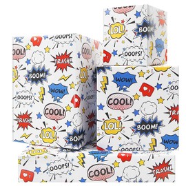 Comic Book Wrapping Paper for Boys Girls Kids, BOOM WOW OOOPS Colorful Cartoon Print on White Art Paper, Folded Flat Comic Book Theme Gift Wrap Paper for Birthday Holiday Christmas Party Women Men