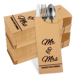 Klmnop 200 Pcs Mr & Mrs Wedding Silverware Bags, Kraft Paper Cutlery Sleeves for Engagement, Bridal Shower & Rehearsal Dinner, Utensil Holder Pockets for DIY Party Favors(Khaki)