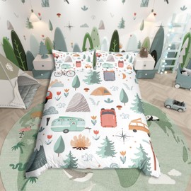 Kids Camper Theme Duvet Cover Full, Happy Camping Bedding Set, Travel Car Rv Accessories Comforter Cover, Botanical Flowers Mountain Adventure Quilt Cover, Cute Camper Bedspread Cover Bedroom Decor
