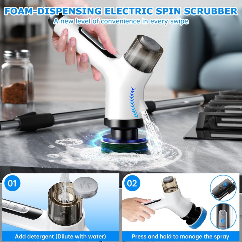 Wikihhome Electric Spin Scrubber,Cordless 2 Speeds Shower Scrubber with Foam